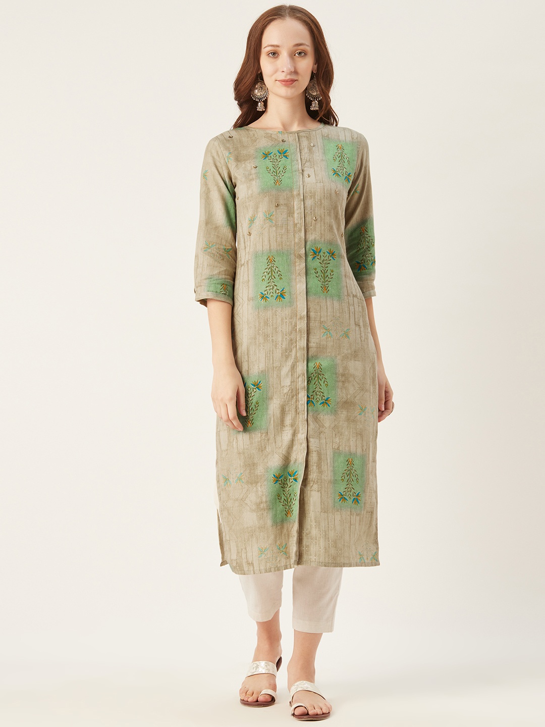 

shiloh Women Grey & Off-White Printed Kurta with Trousers