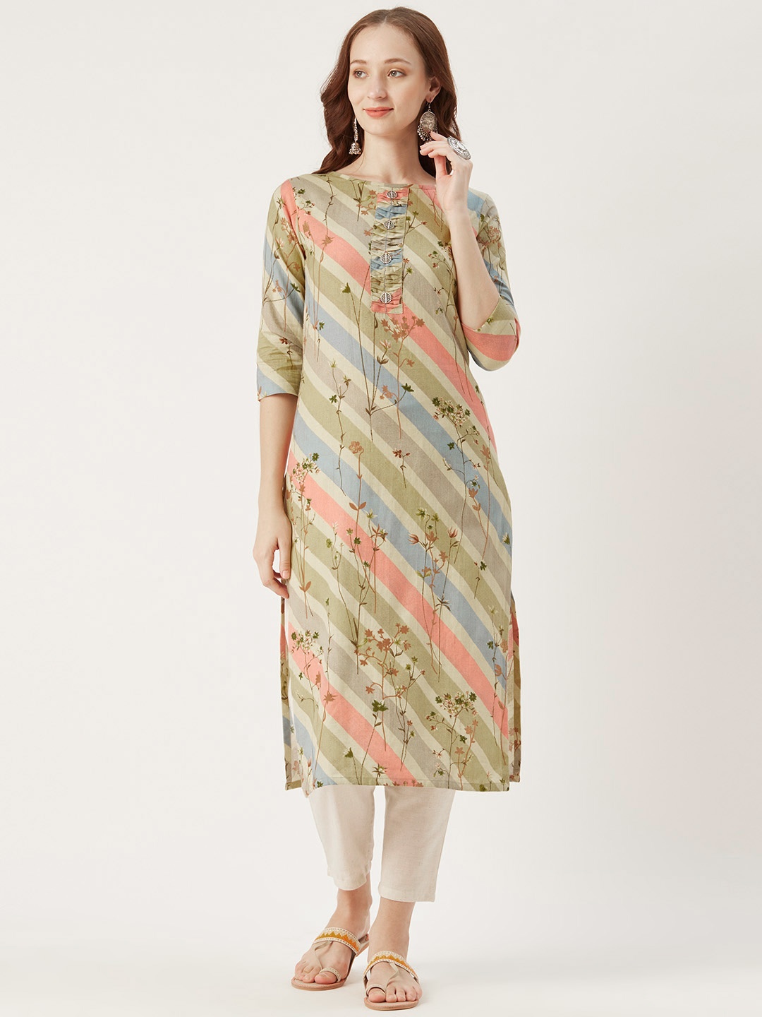 

shiloh Women Green & Off-White Printed Kurta with Trousers