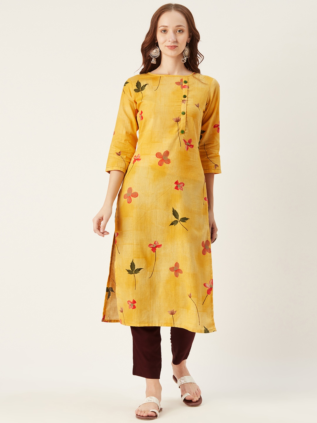 

shiloh Women Yellow & Coffee Brown Floral Printed Kurta with Trousers