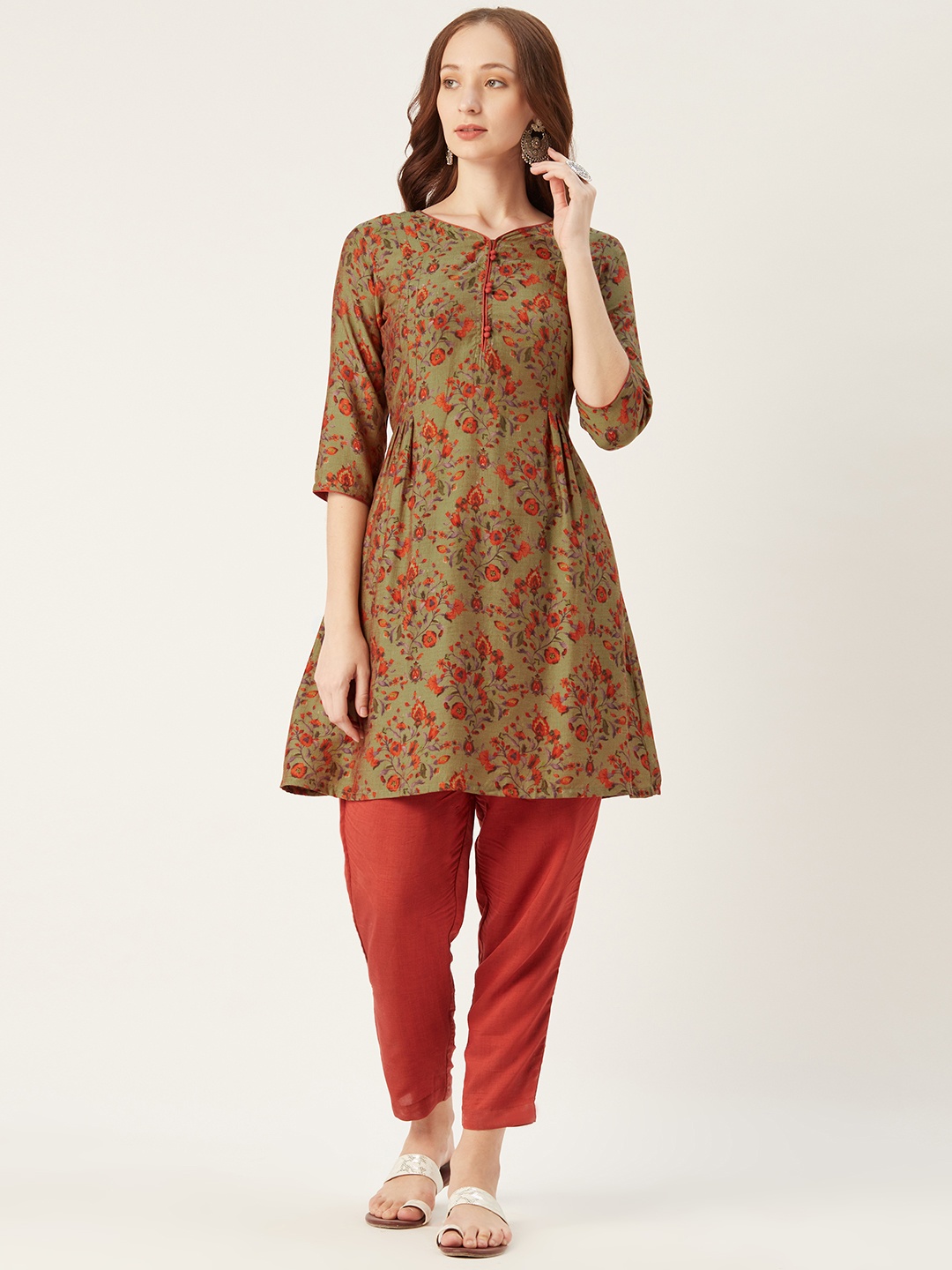 

shiloh Women Olive Green & Rust Red Floral Printed Kurta with Trousers