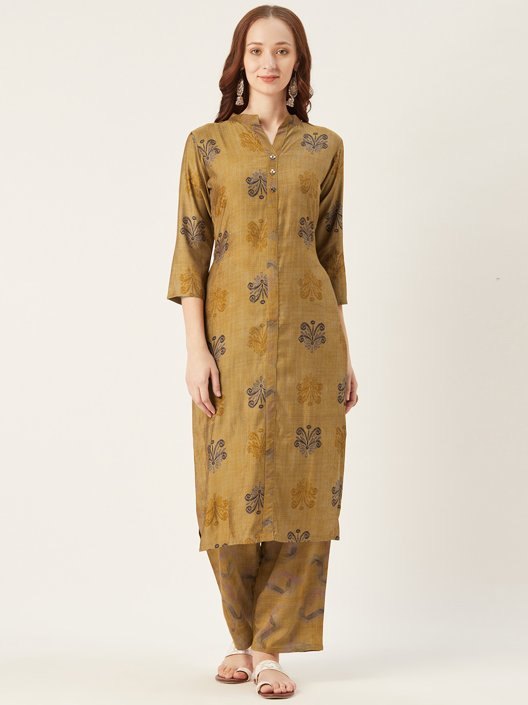 

shiloh Women Mustard Brown & Navy Blue Printed Kurta with Palazzos