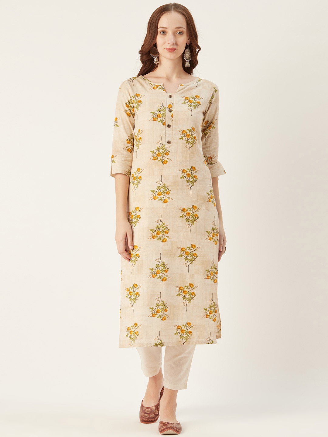 

shiloh Women Off-White & Yellow Printed Kurta with Trousers