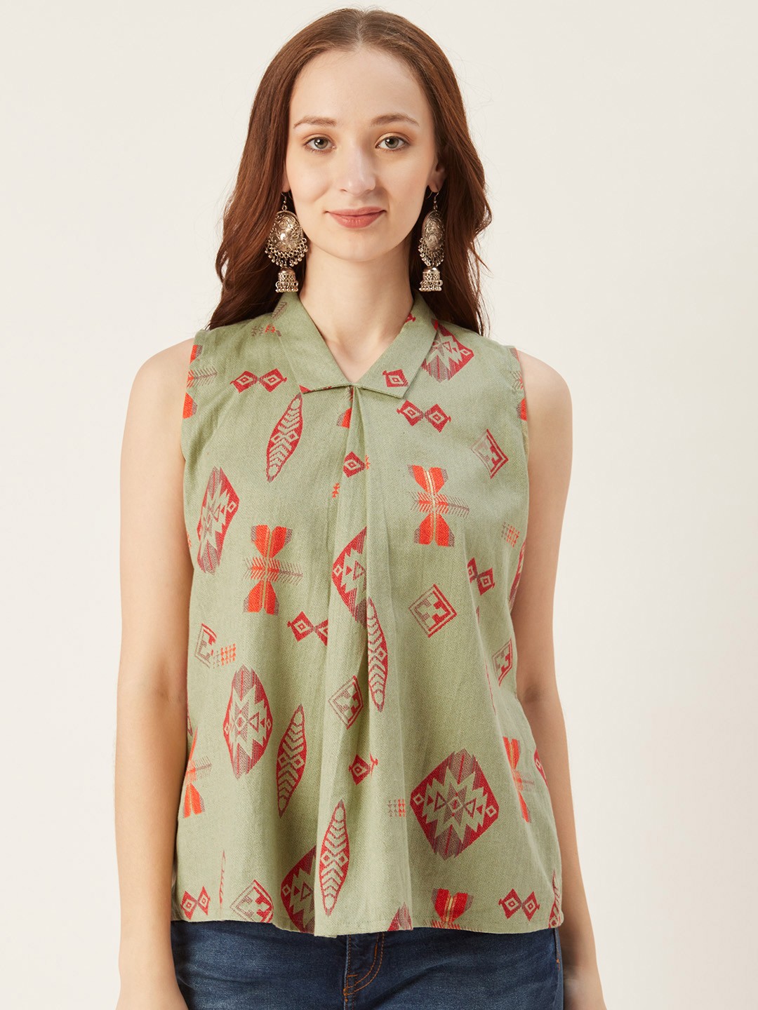 

shiloh Women Green & Red Printed A-Line Pure Cotton Top