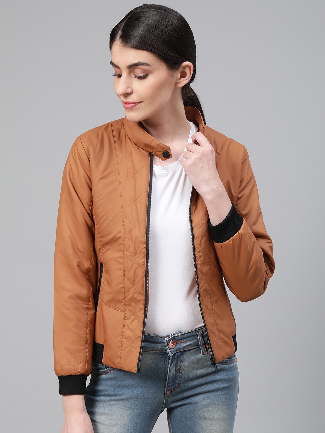 

Fort Collins Women Mustard Brown Solid Lightweight Bomber Jacket