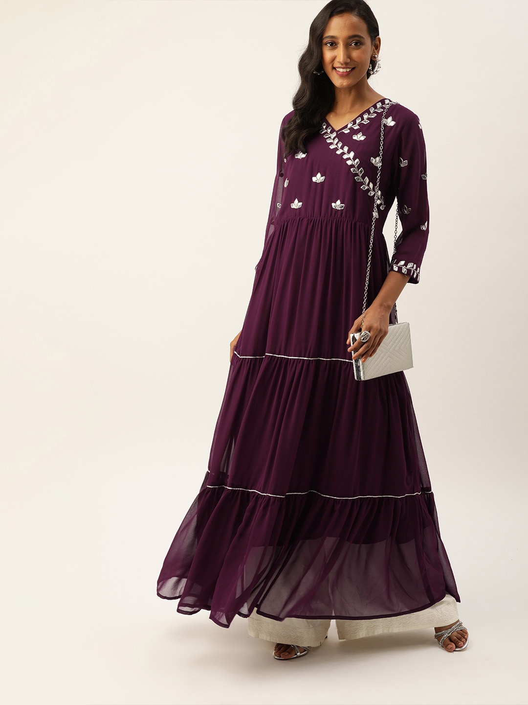 

Varanga Women Burgundy Embroidered Tiered A-Line Kurta