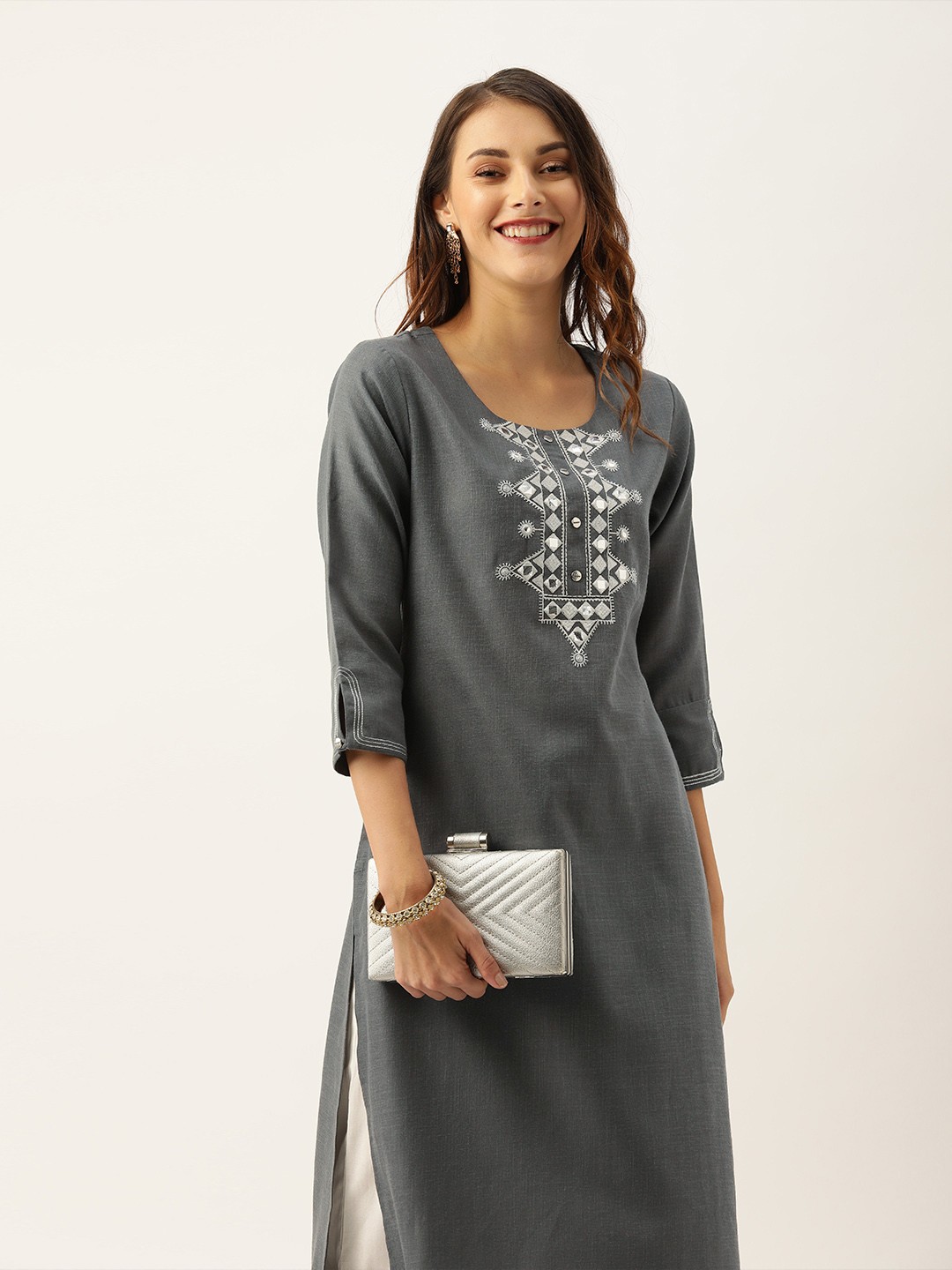 

Varanga Women Grey Yoke Design Mirror Work Straight Kurta