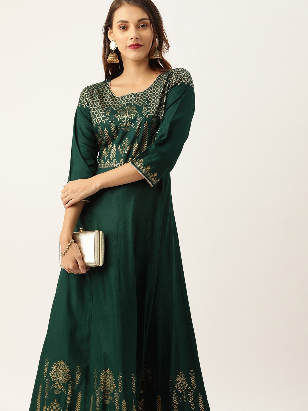

Varanga Women Green & Gold-Toned Printed A-Line Kurta