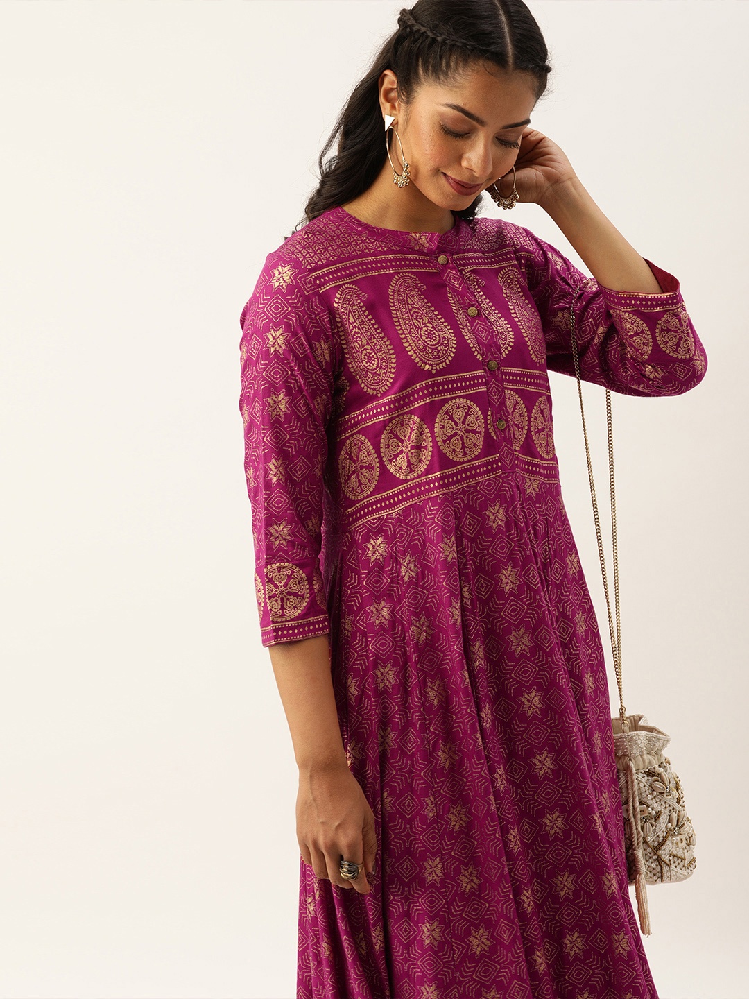 

Varanga Women Magenta & Golden Paisley Printed A-Line Kurta