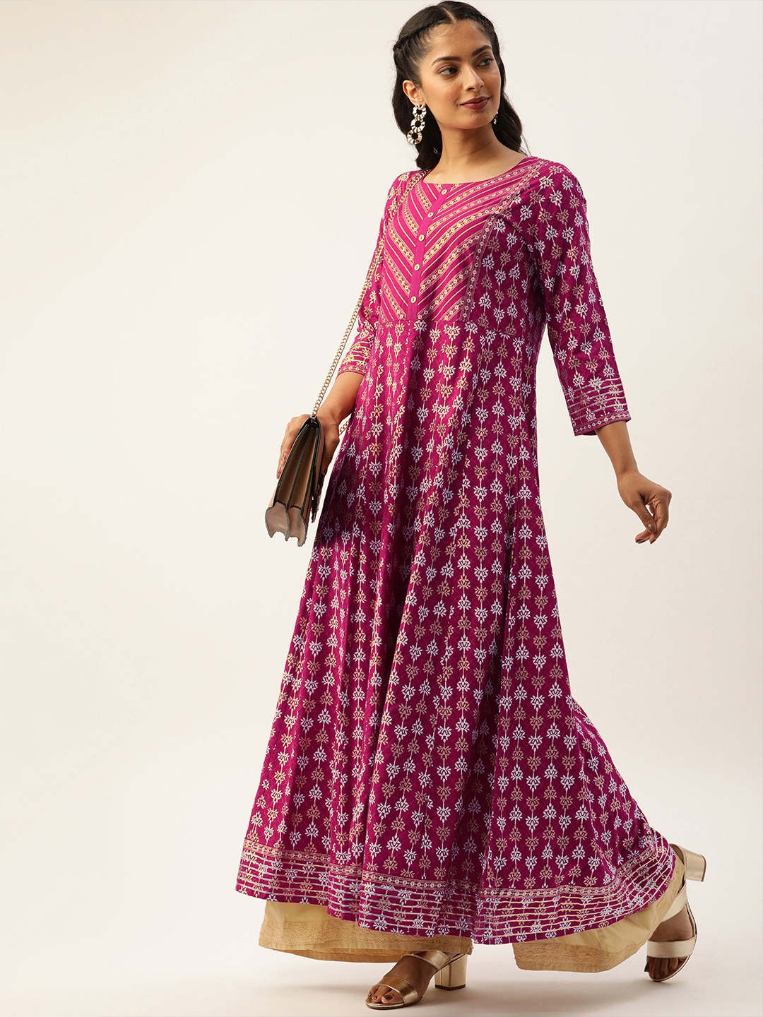 

Varanga Women Magenta Pink & Gold-Toned Printed Anarkali Kurta