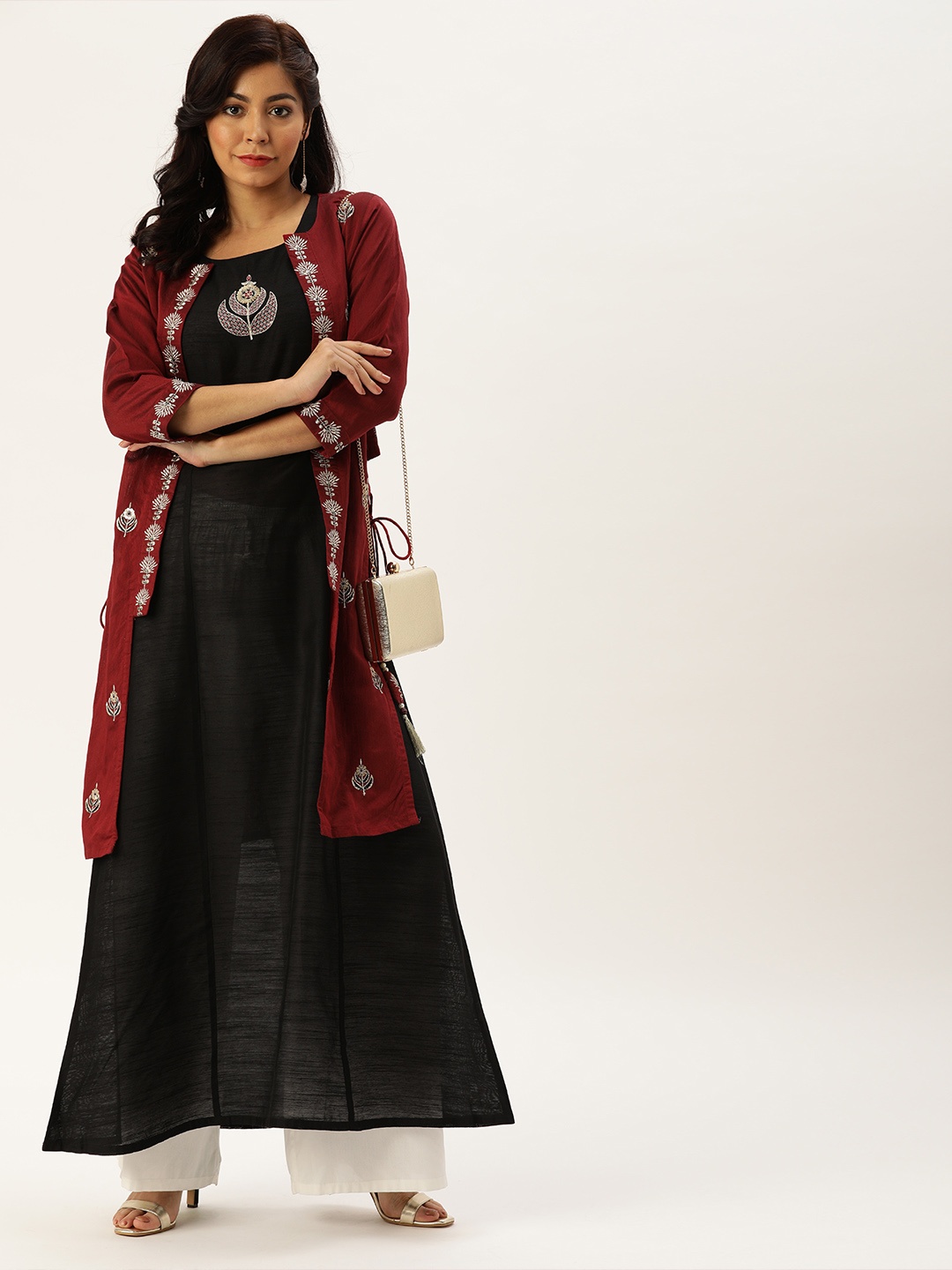 

Varanga Women Black Solid A-Line Kurta with Maroon Jacket