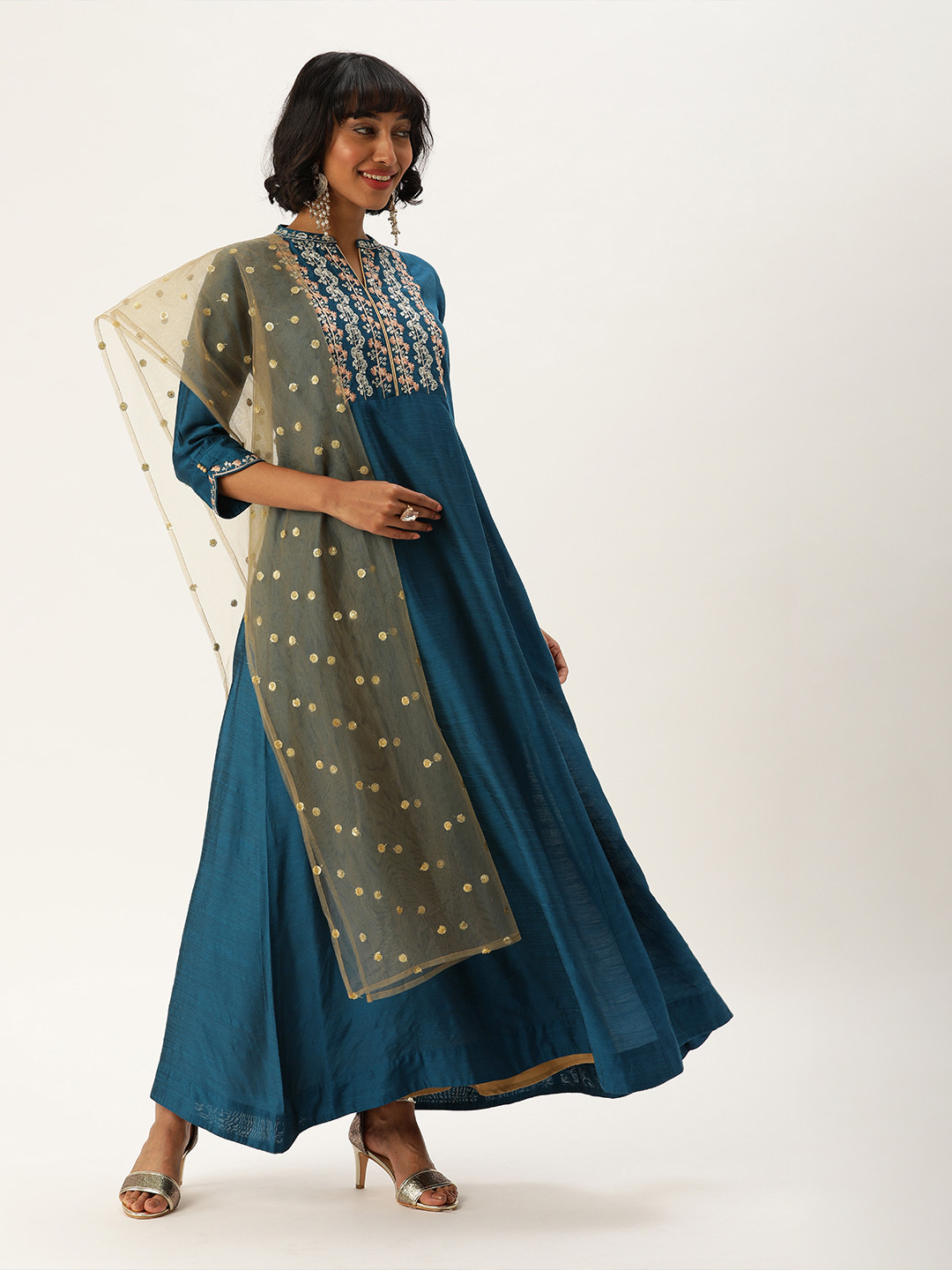 

Varanga Women Teal Blue Embroidered A-Line Kurta