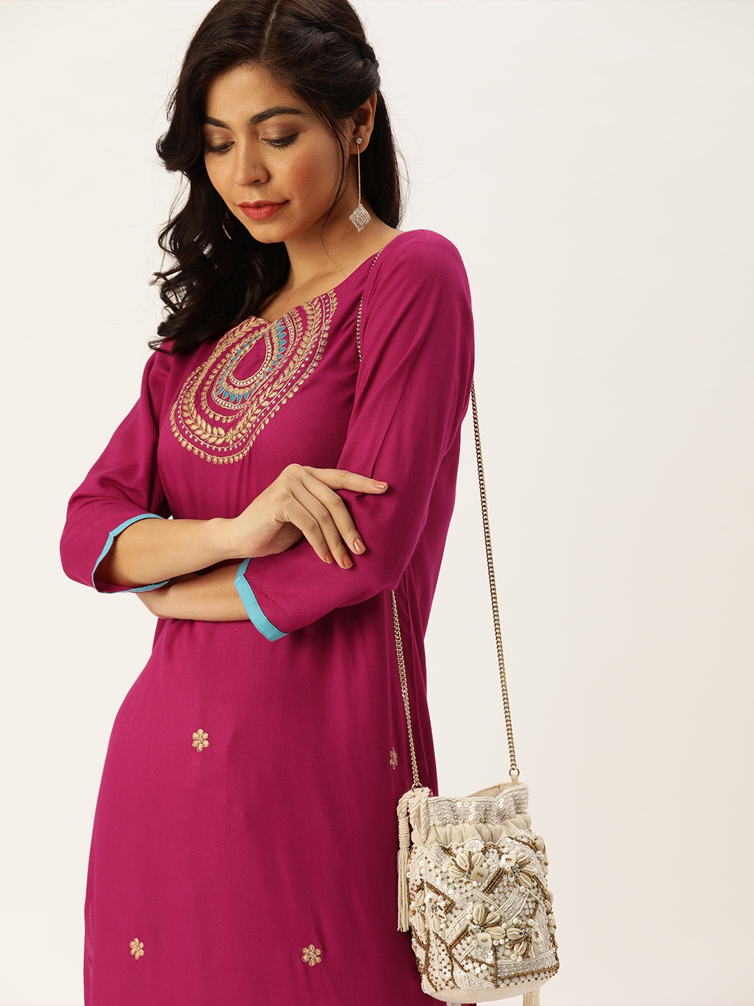 Varanga Women Magenta Pink Yoke Design Straight Kurta