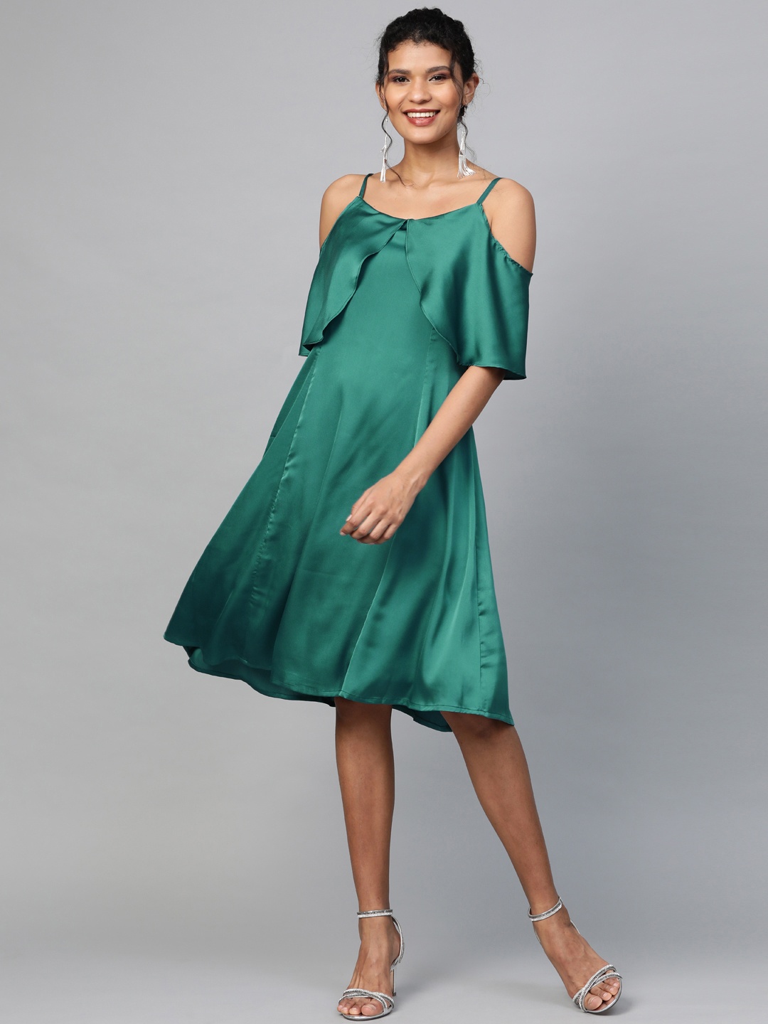 

SASSAFRAS Women Teal Green Solid Satin Finish Layered A-Line Dress
