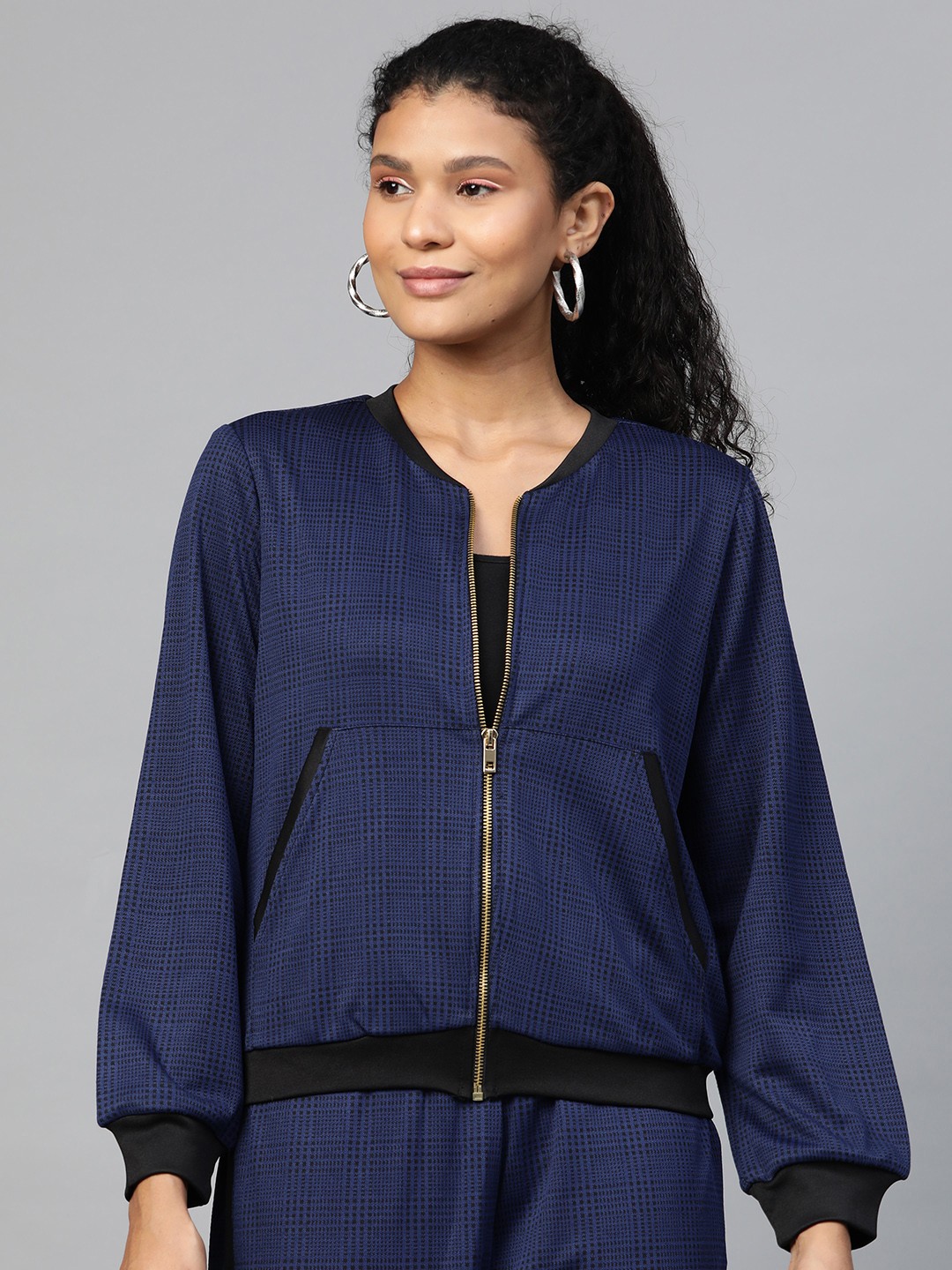 

SASSAFRAS Women Navy Blue & Black Lightweight Checked Bomber Jacket