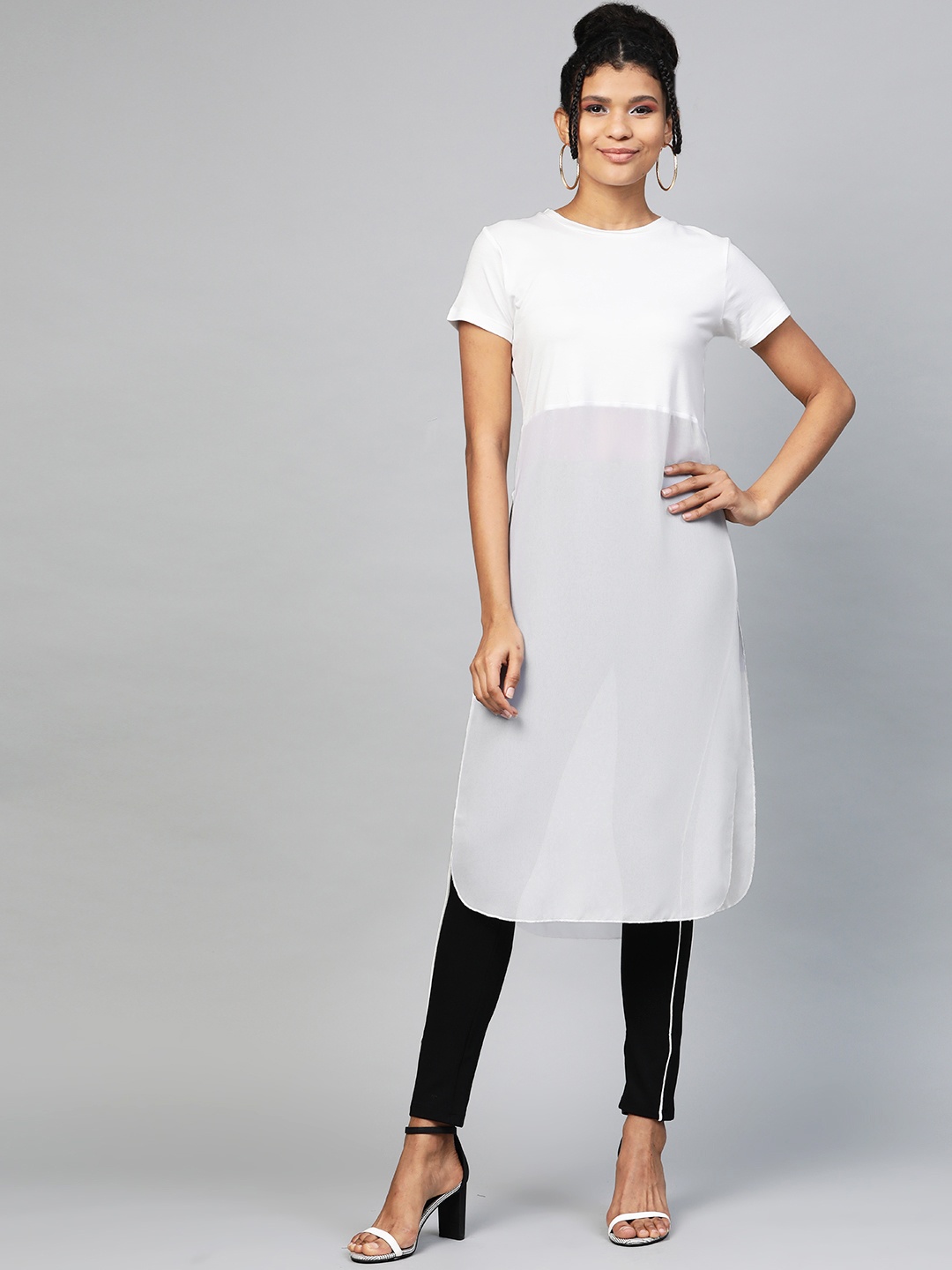 

SASSAFRAS Women White Solid Semi-Sheer Side Slit Longline Top