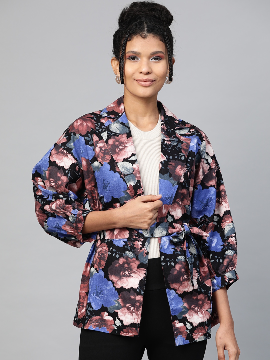 

SASSAFRAS Women Black & Blue Floral Printed Open Front Jacket