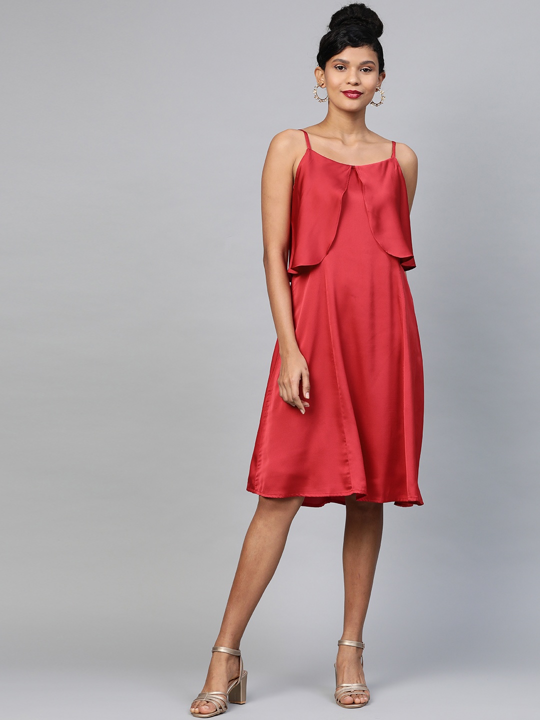

SASSAFRAS Women Red Satin Finish Solid Layered A-Line Dress
