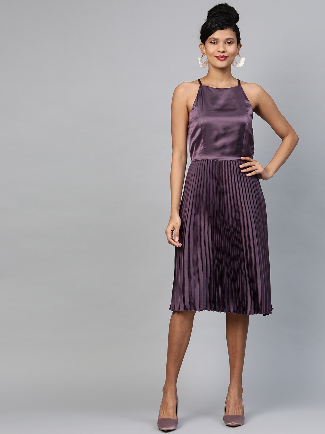 

SASSAFRAS Women Purple Solid Satin Finish Accordion Pleated A-Line Dress