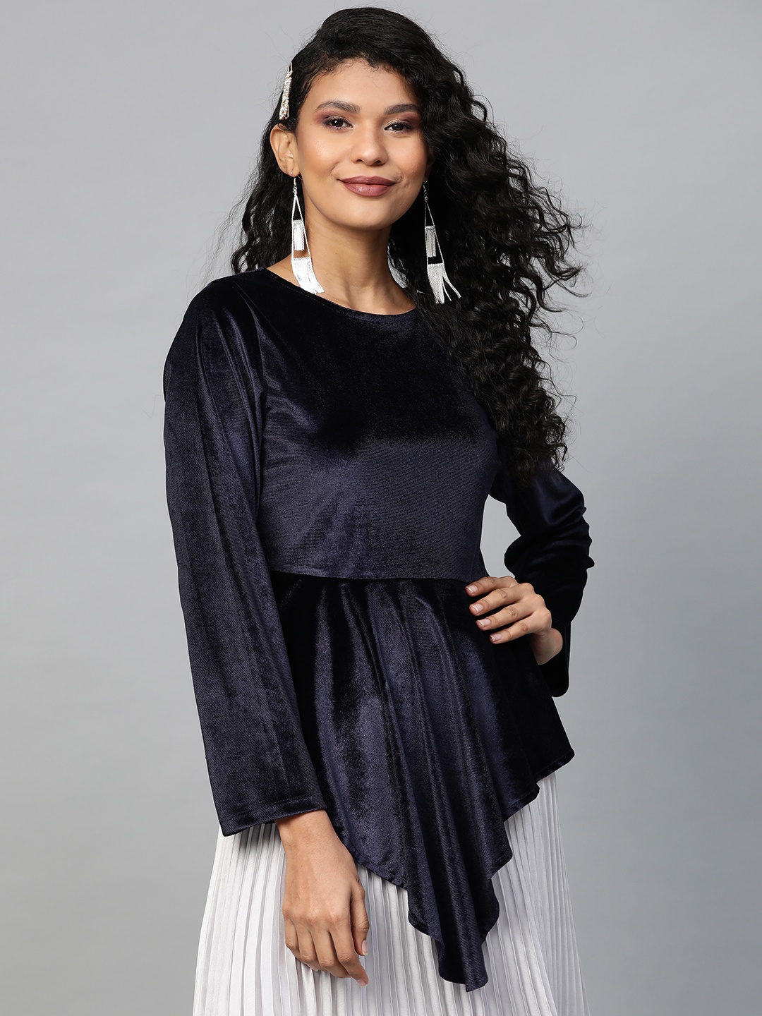 

SASSAFRAS Women Navy Blue Solid Velvet Finish Asymmetric Peplum Top