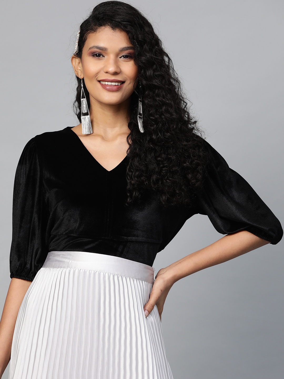 

SASSAFRAS Women Black Solid Velvet Finish Top