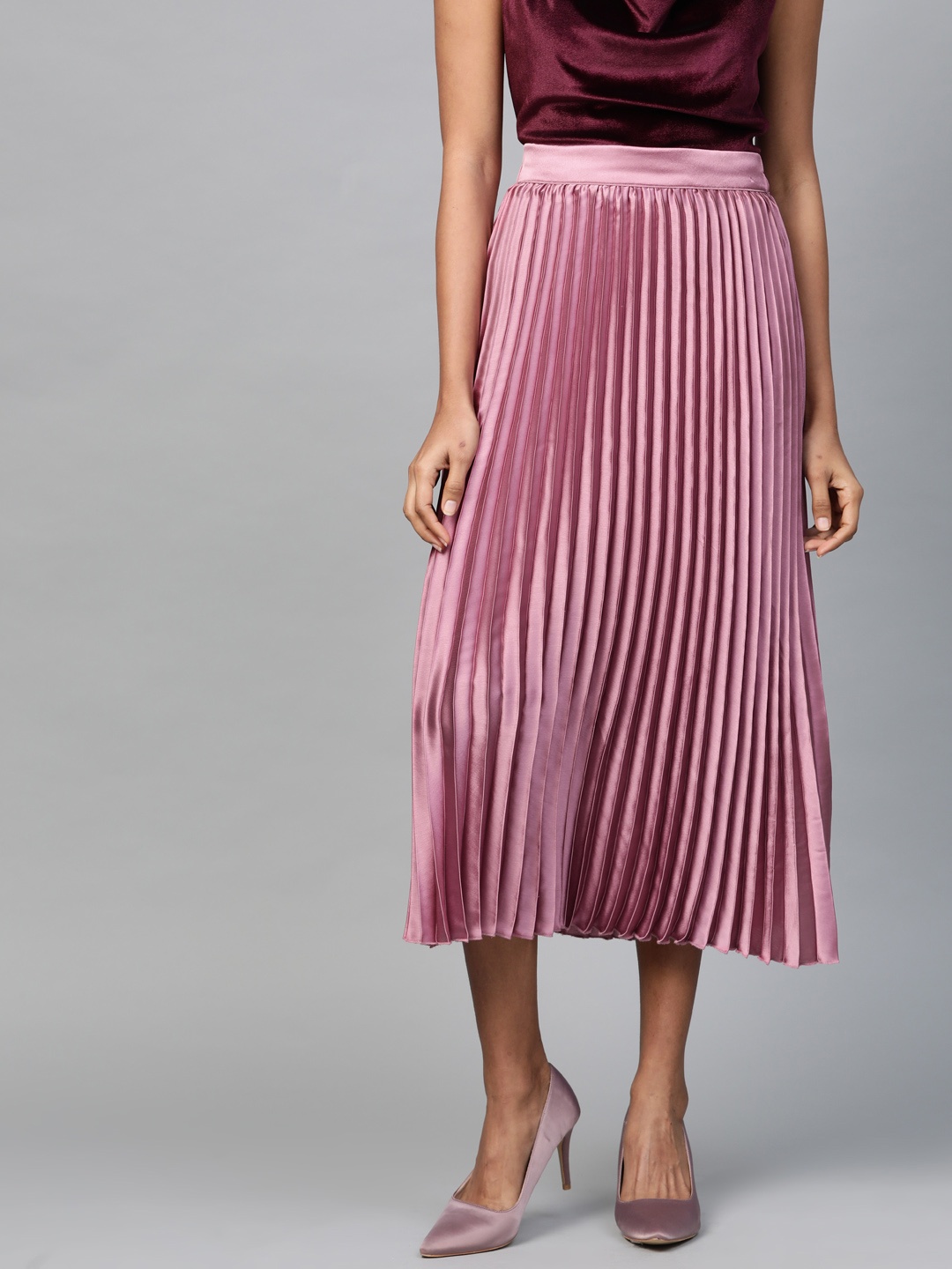 

SASSAFRAS Pink Accordion Pleated Satin Finish Flared Midi Skirt