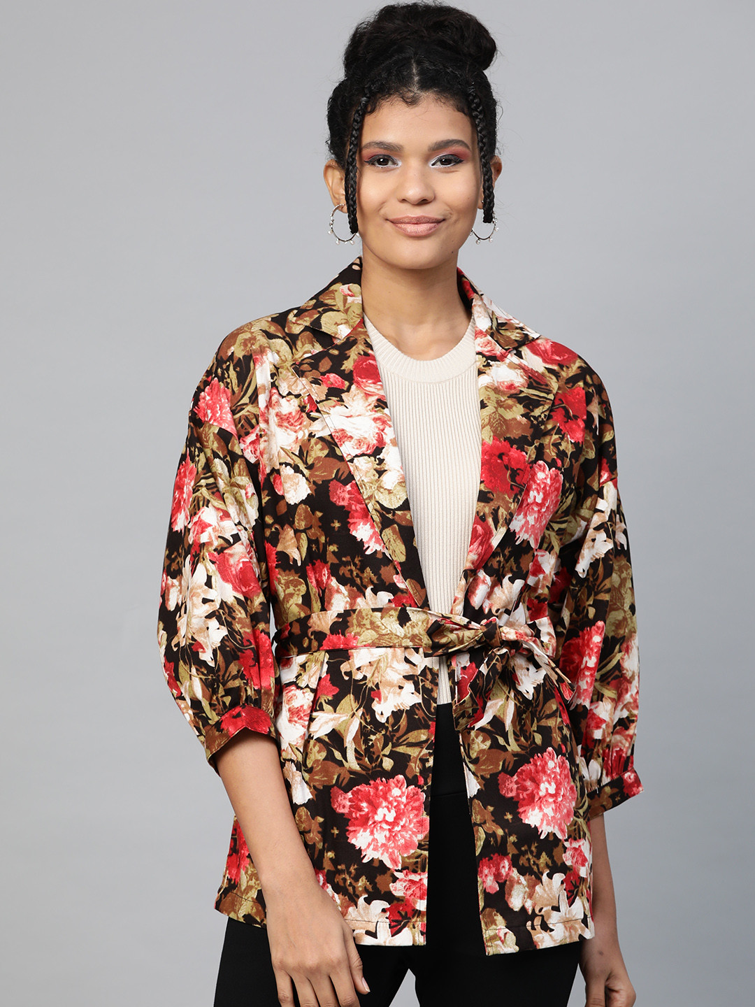 

SASSAFRAS Women Black & Red Floral Printed Open Front Jacket