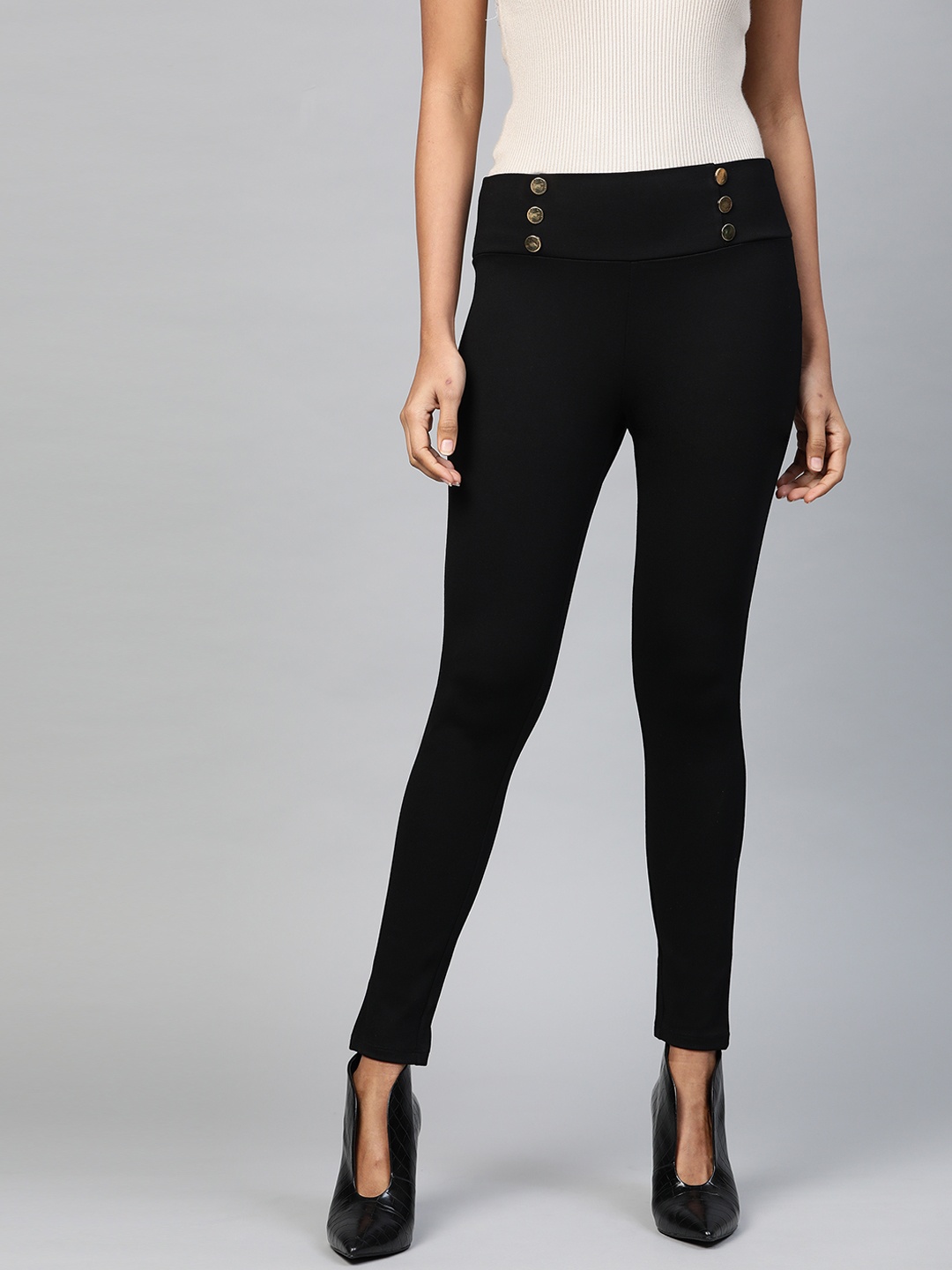 

SASSAFRAS Women Black Solid High-Rise Treggings with Button Detail