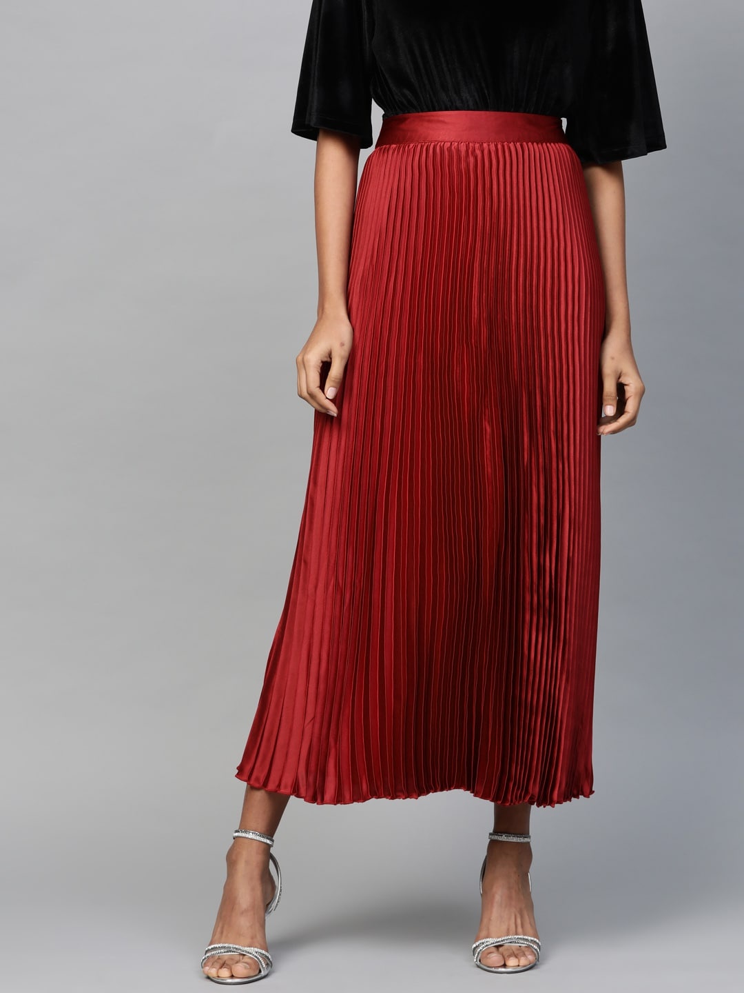 

SASSAFRAS Red Accordion Pleated Satin Finish Maxi Flared Skirt