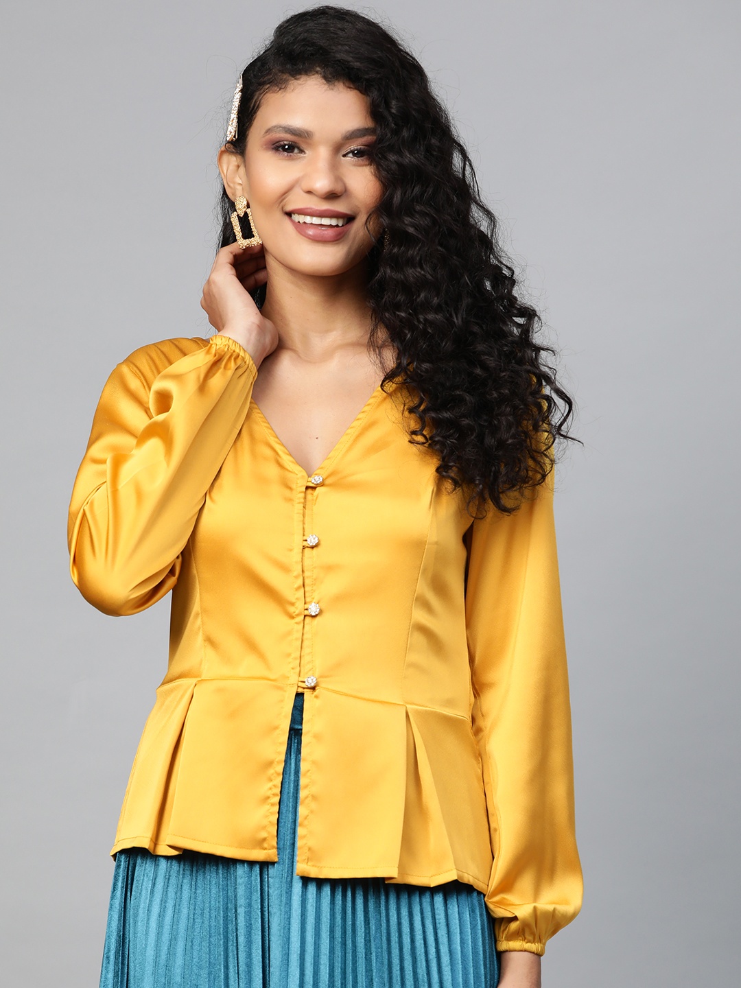 

SASSAFRAS Women Mustard Yellow Solid Satin Finish Peplum Top