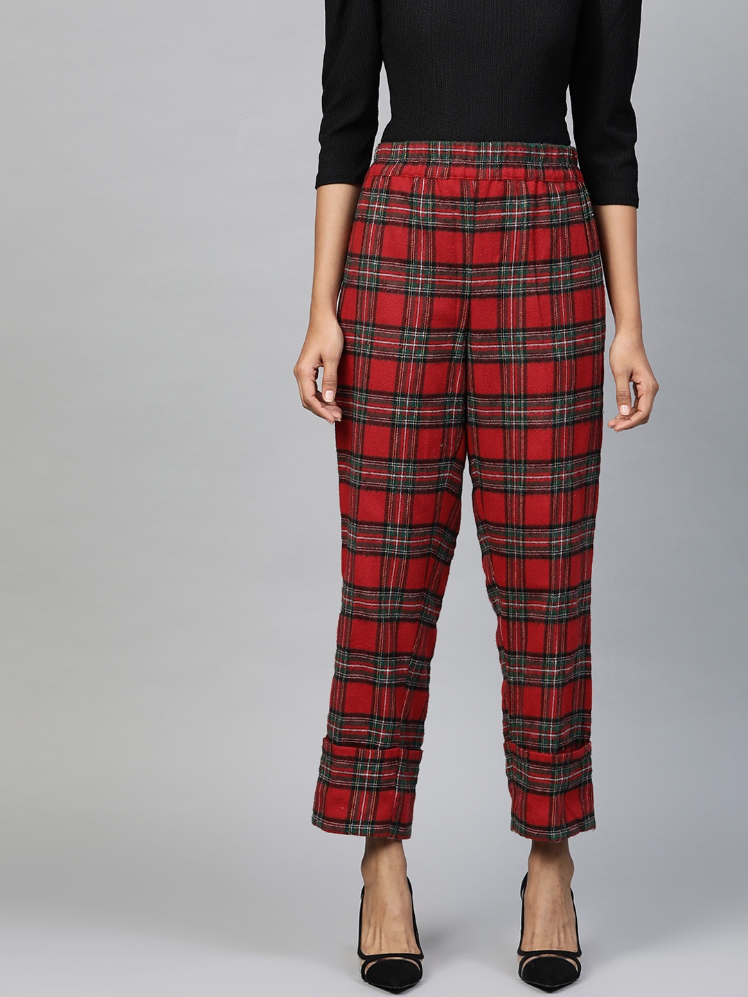 

SASSAFRAS Women Red & Green Regular Fit Checked Regular Trousers