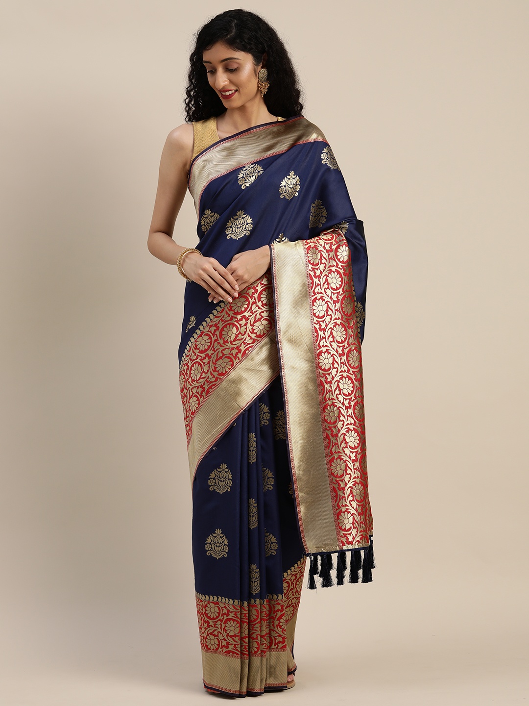 

VASTRANAND Navy Blue & Red Silk Blend Woven Design Banarasi Saree