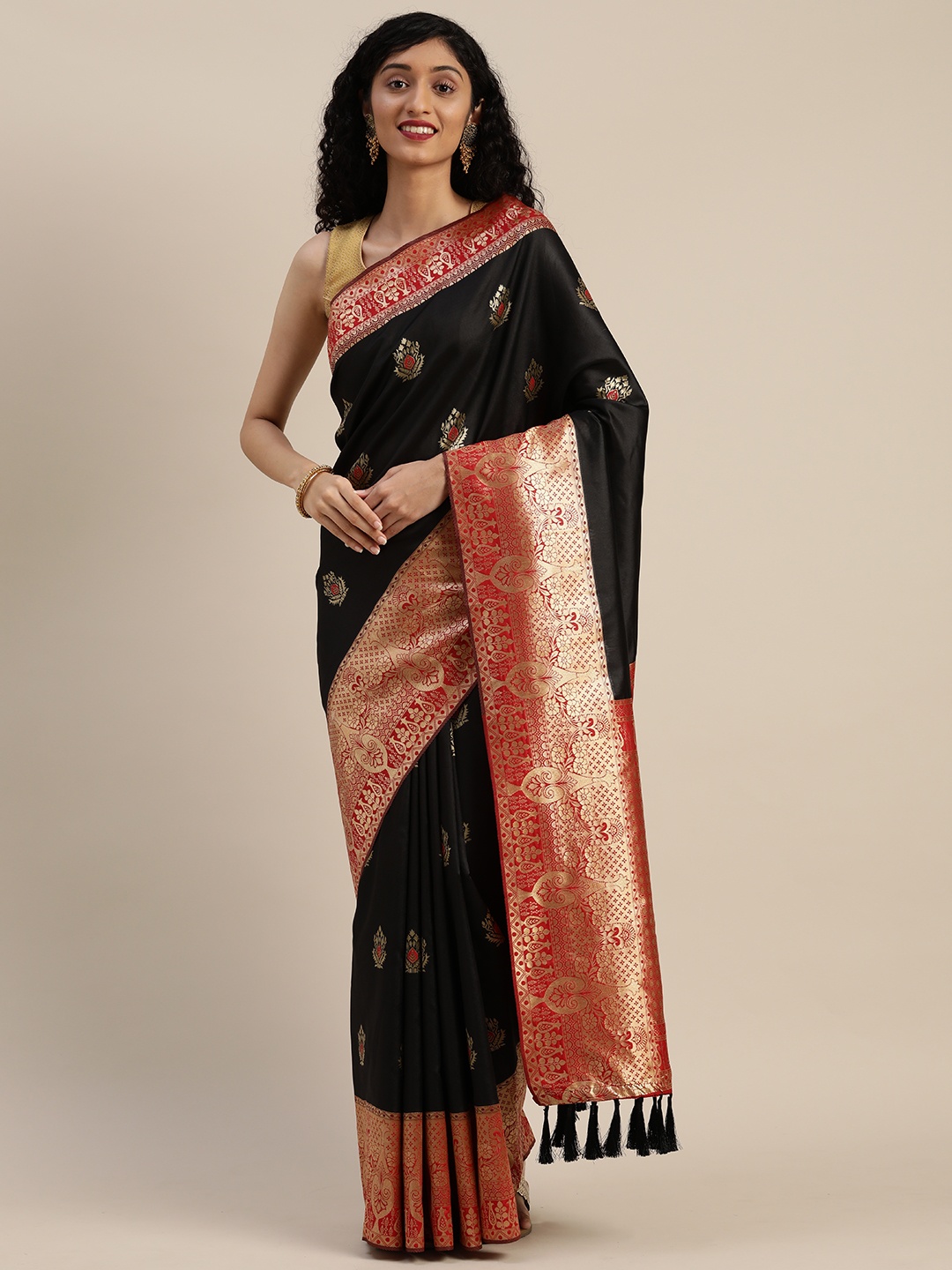 

VASTRANAND Black & Red Silk Blend Woven Design Banarasi Saree