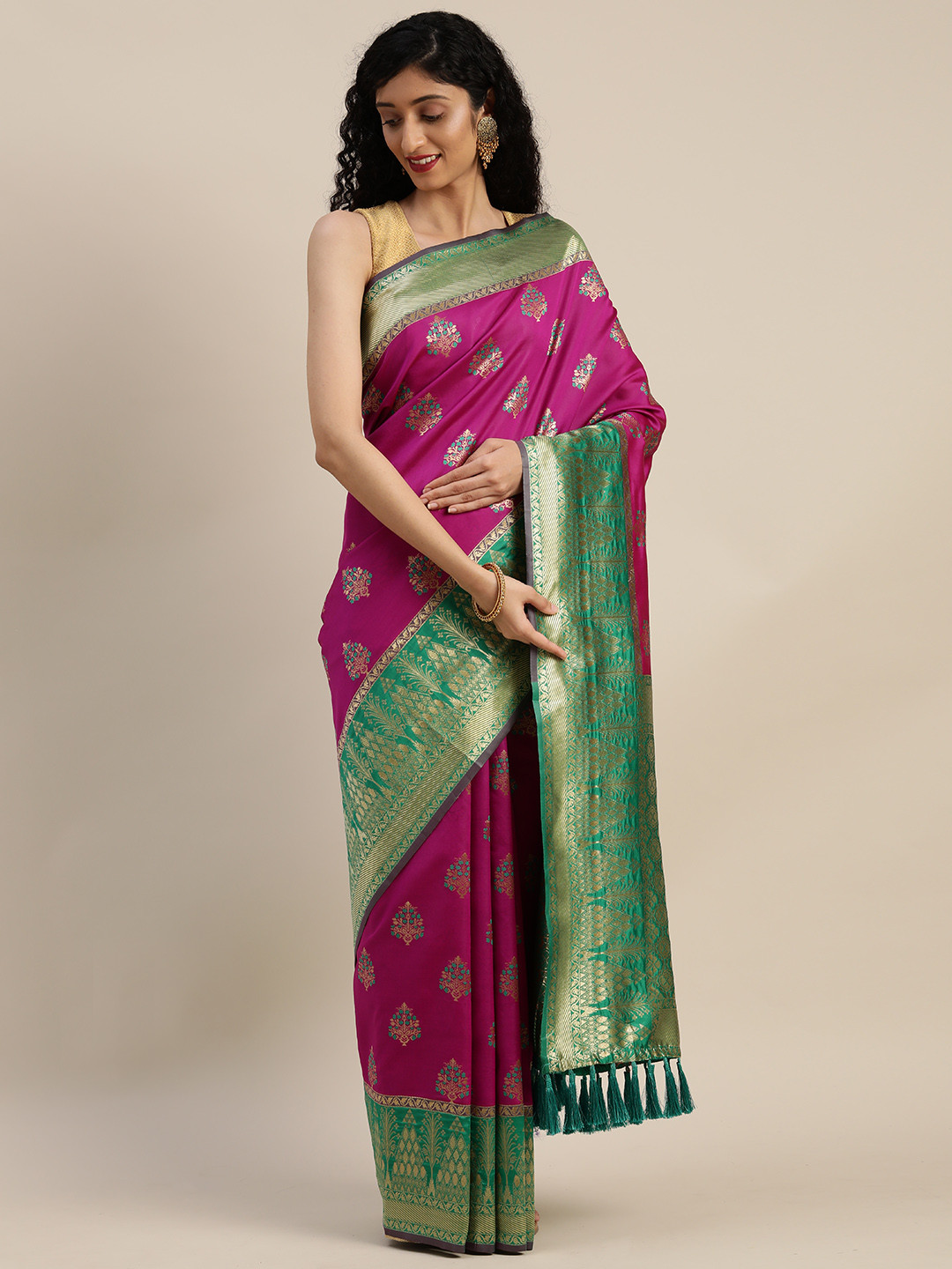 

VASTRANAND Pink & Green Silk Blend Woven Design Banarasi Saree