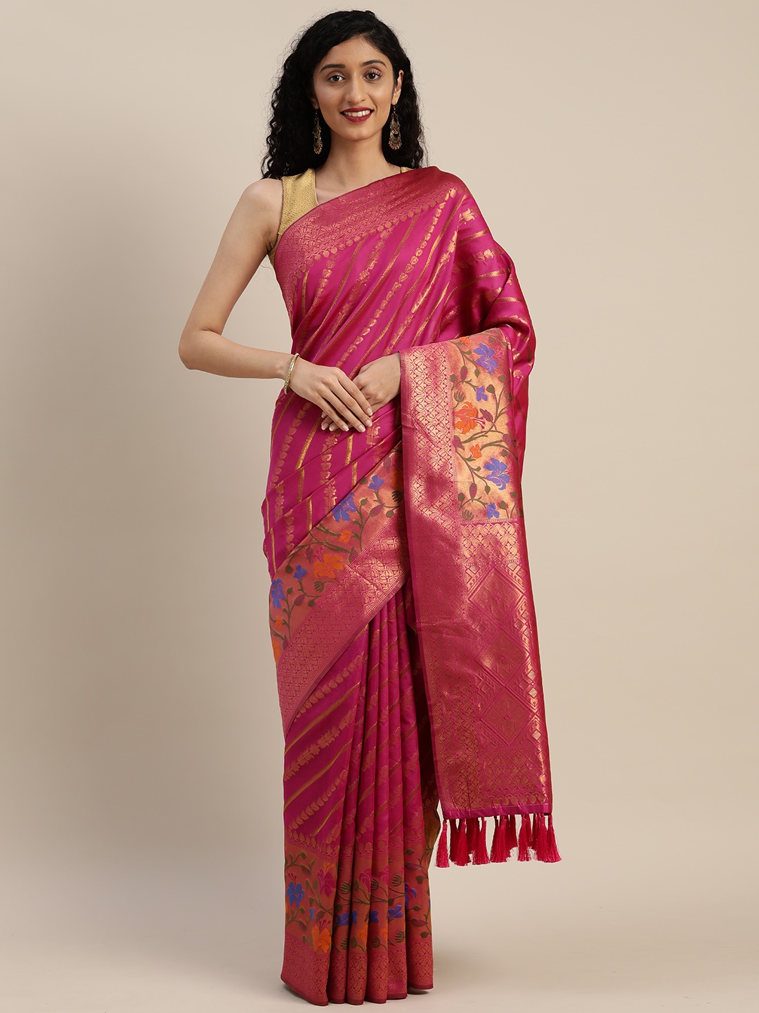 

VASTRANAND Pink & Gold-Toned Silk Cotton Striped Banarasi Saree