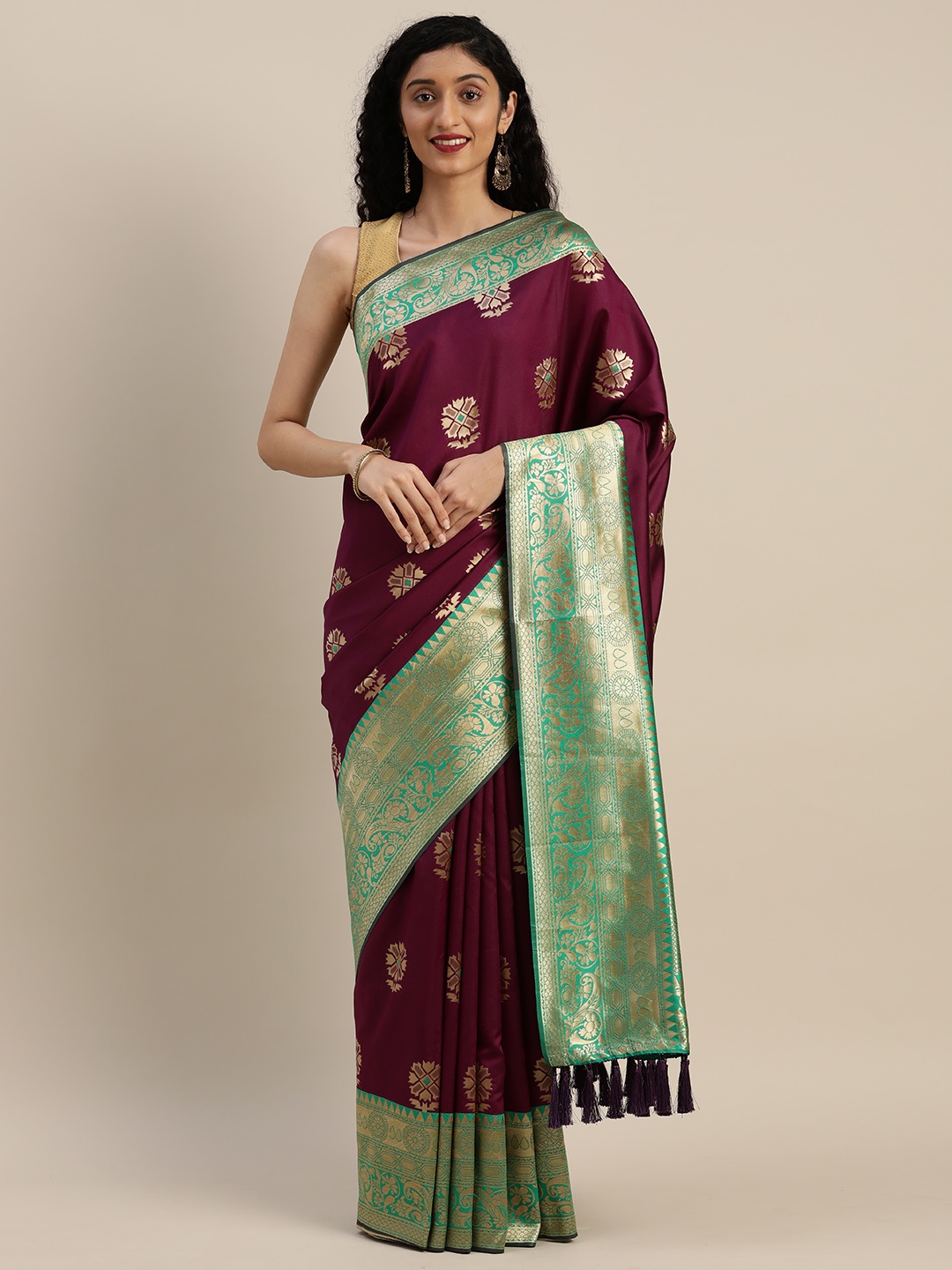 

VASTRANAND Burgundy & Green Silk Blend Woven Design Banarasi Saree