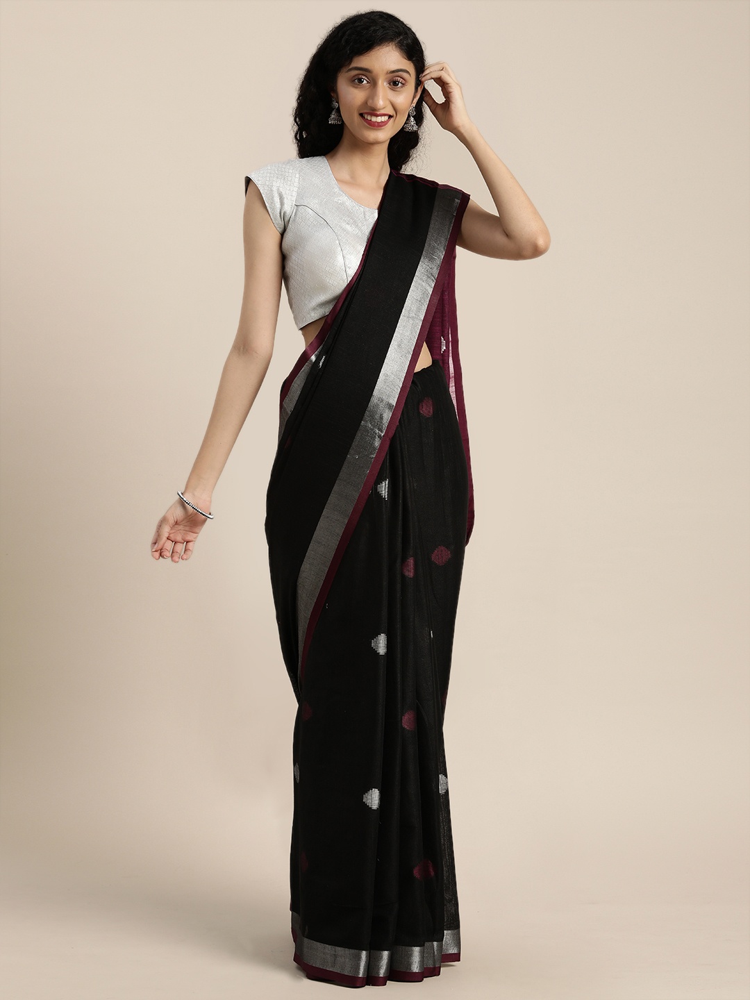 

VASTRANAND Black Linen Blend Woven Design Saree
