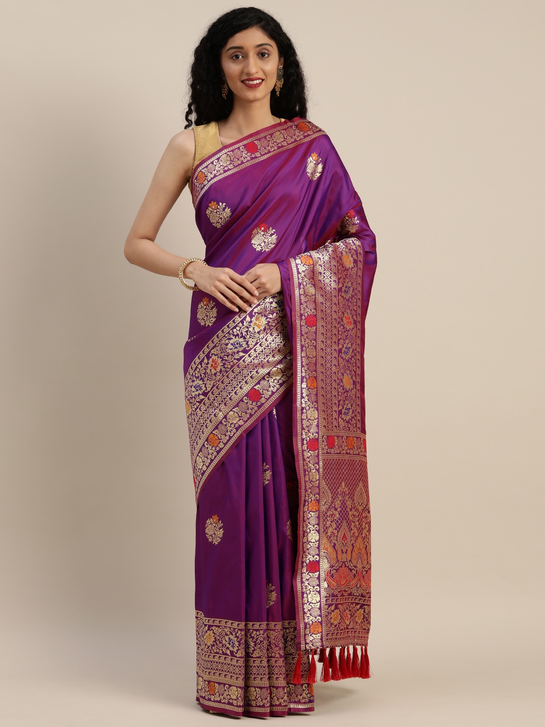 

VASTRANAND Purple & Gold-Toned Silk Blend Woven Design Kanjeevaram Saree