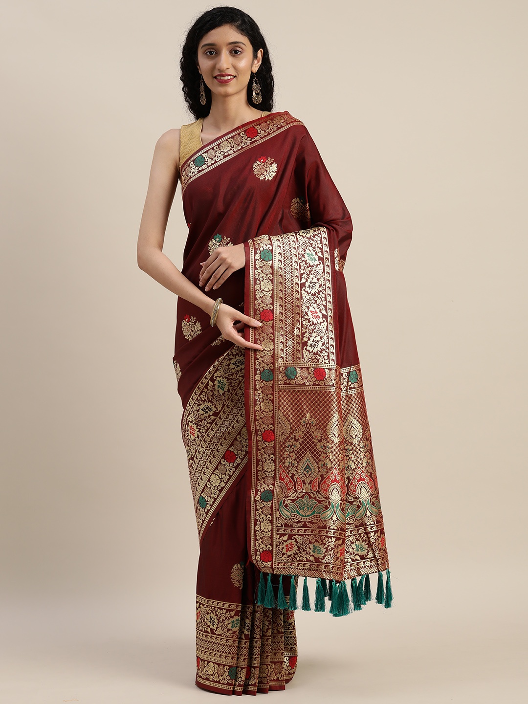

VASTRANAND Burgundy & Gold-Toned Silk Blend Woven Design Kanjeevaram Saree