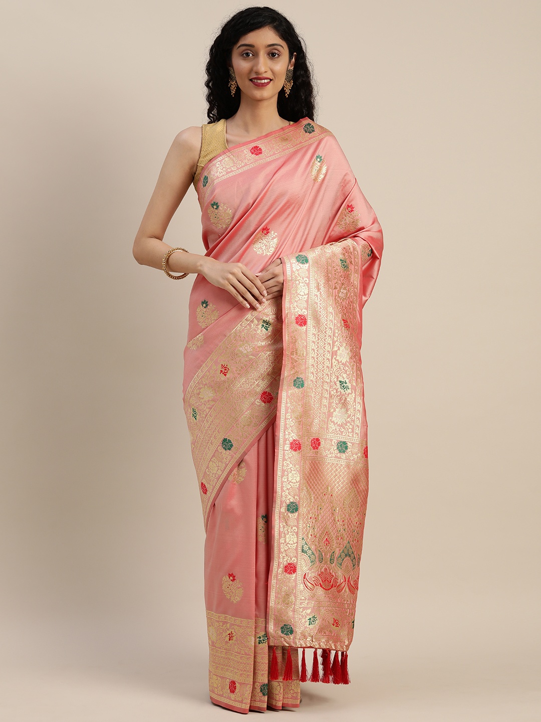 

VASTRANAND Peach-Coloured & Gold-Toned Silk Blend Woven Design Kanjeevaram Saree