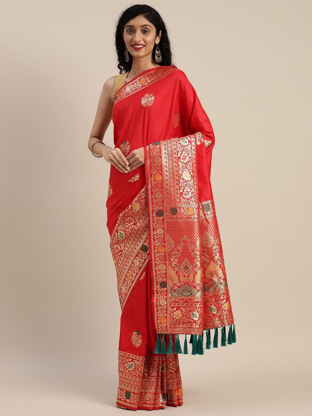 

VASTRANAND Red Silk Blend Woven Design Kanjeevaram Saree