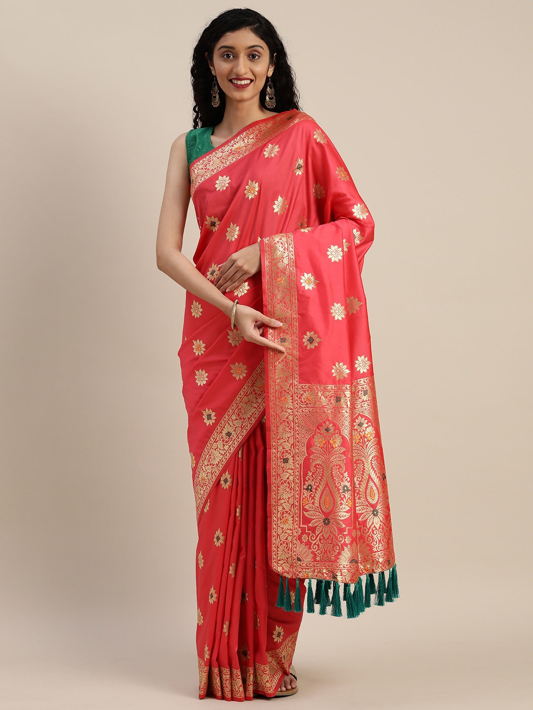 

VASTRANAND Coral Pink Silk Blend Woven Design Kanjeevaram Saree