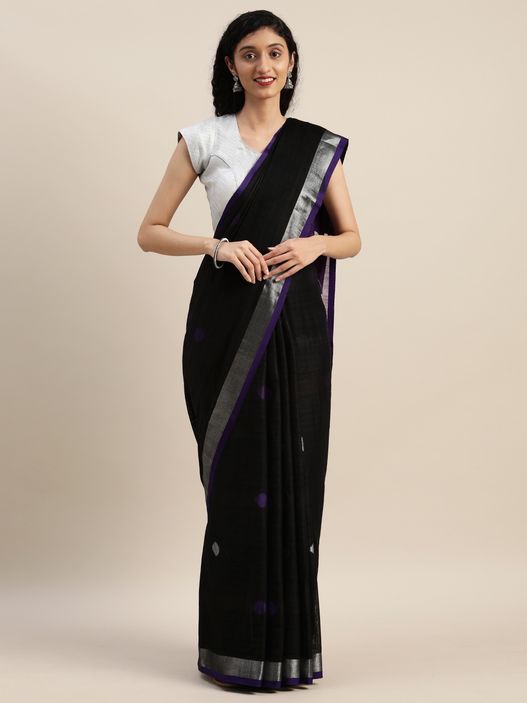 

VASTRANAND Purple & Black Linen Blend Woven Design Banarasi Saree