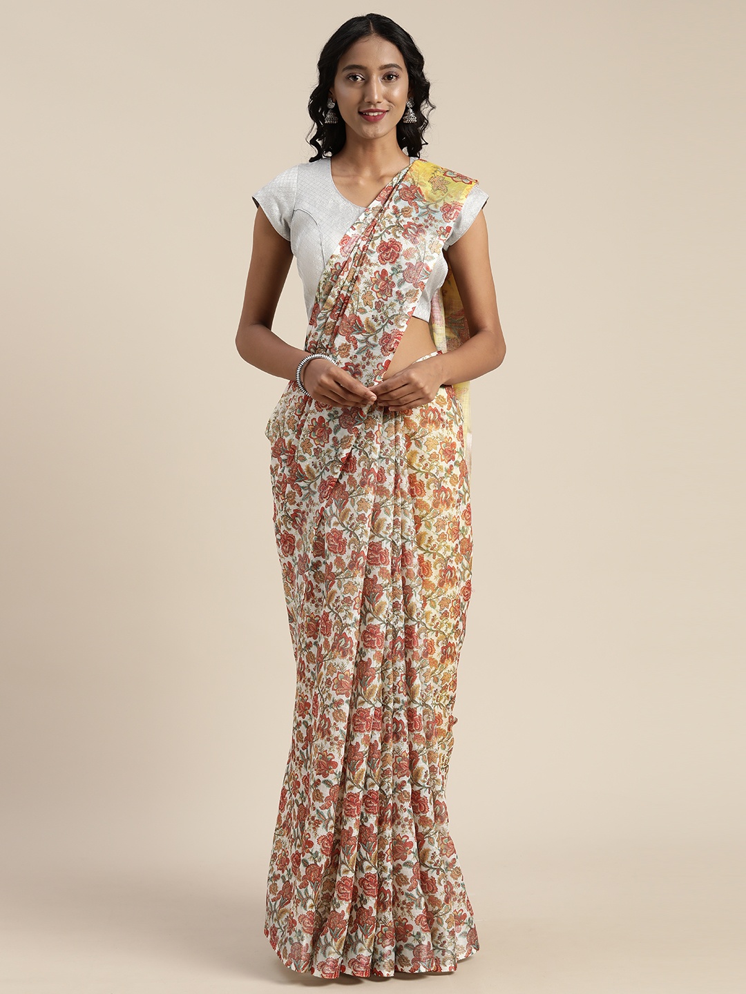 

VASTRANAND White & Beige Linen Blend Printed Saree