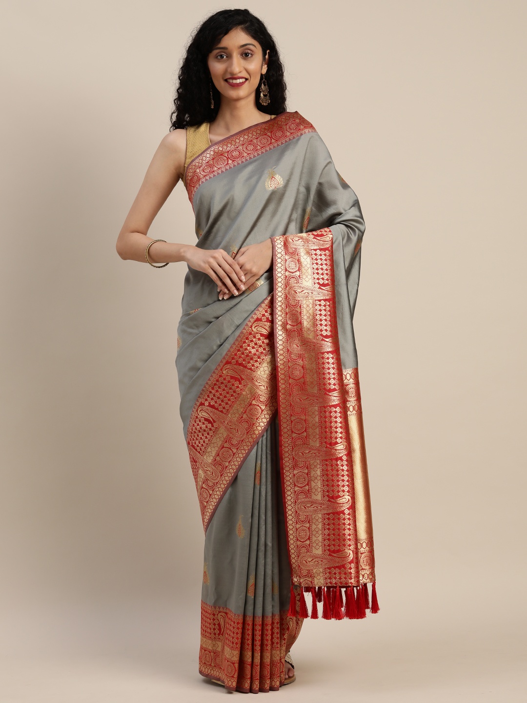 

VASTRANAND Grey & Red Silk Blend Woven Design Banarasi Saree
