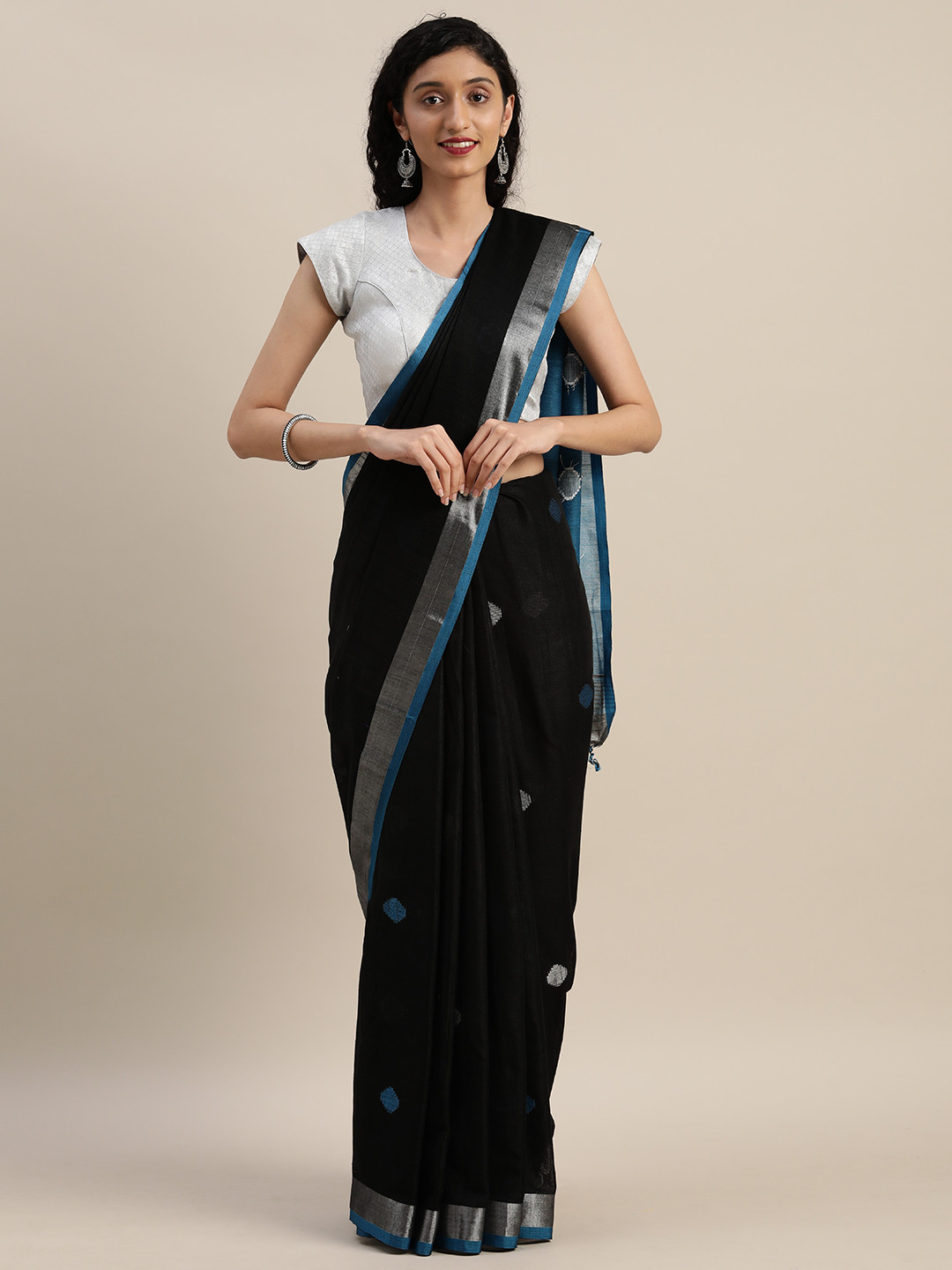 

VASTRANAND Black & Blue Linen Blend Woven Design Saree