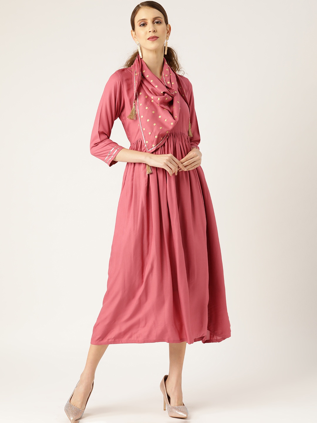 

Shae by SASSAFRAS Women Pink Solid A-Line Dress with Scarf
