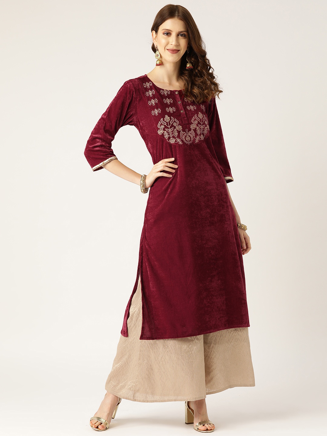 

Shae by SASSAFRAS Women Maroon & Beige Yoke Embroidered Velvet Finish Straight Kurta
