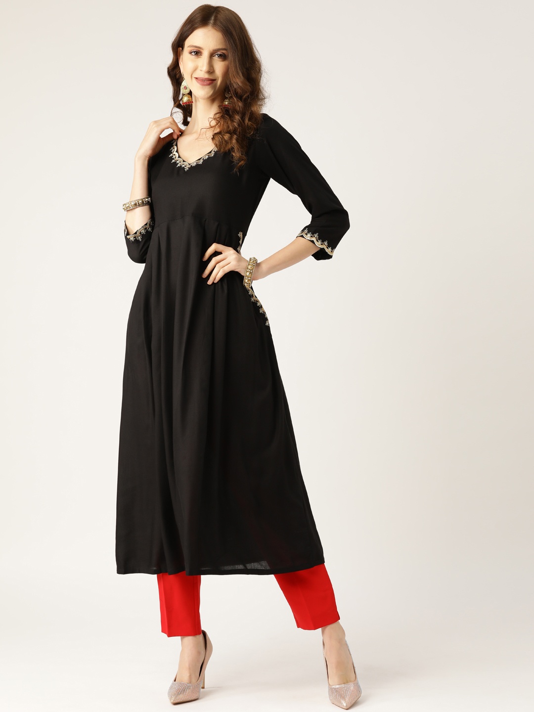 

Shae by SASSAFRAS Women Black Zari Embroidered Detail A-Line Kurta
