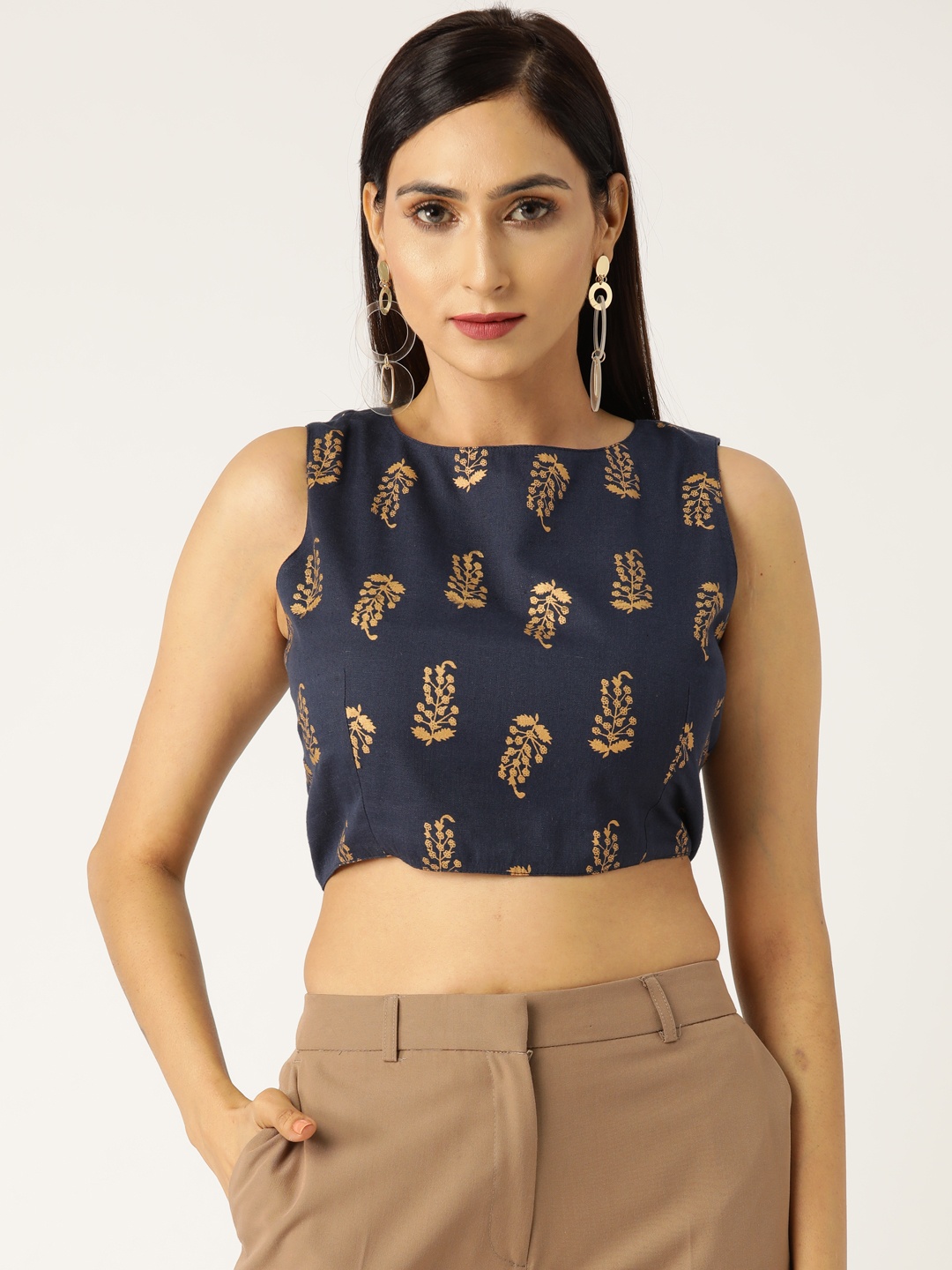 

Shae by SASSAFRAS Women Navy Blue & Golden Foil Print Crop Top