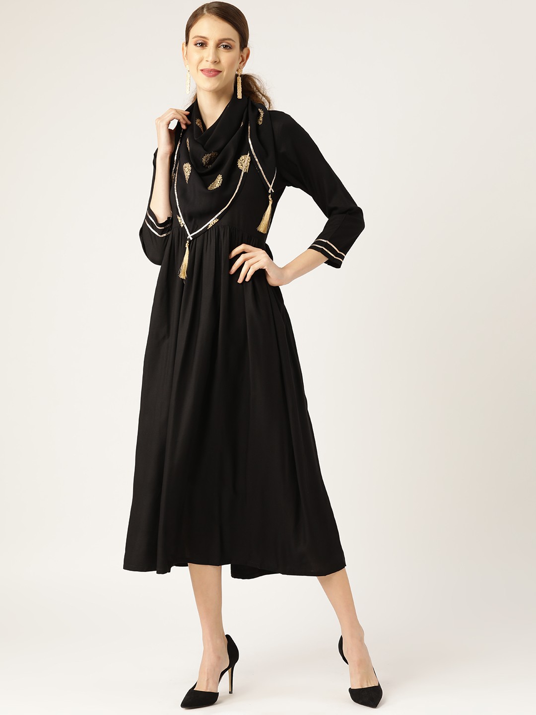 

Shae by SASSAFRAS Women Black Solid A-Line Dress with Scarf